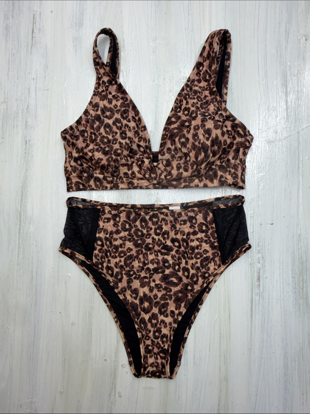aerie Leopard Print Bikini Top XL & High-Waist Bottoms L - Brown & Black